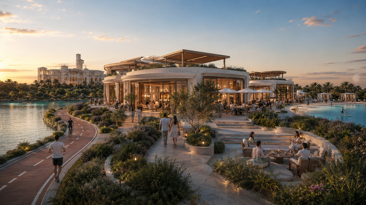 Clubhouse and Lakeside Sunset Promenade at The Vie West Cairo